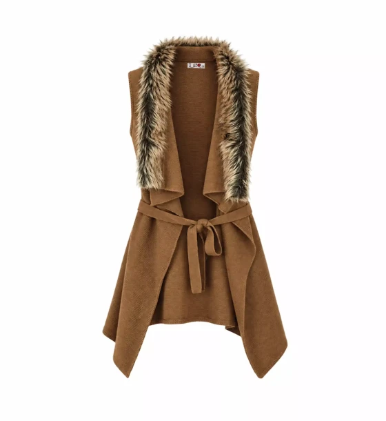 Belted Fur-Trim Long Vest
