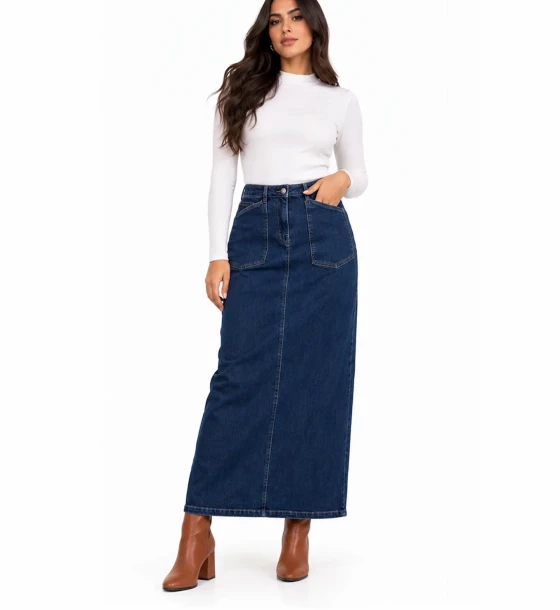 L-Pocket Stretch Denim Maxi Skirt