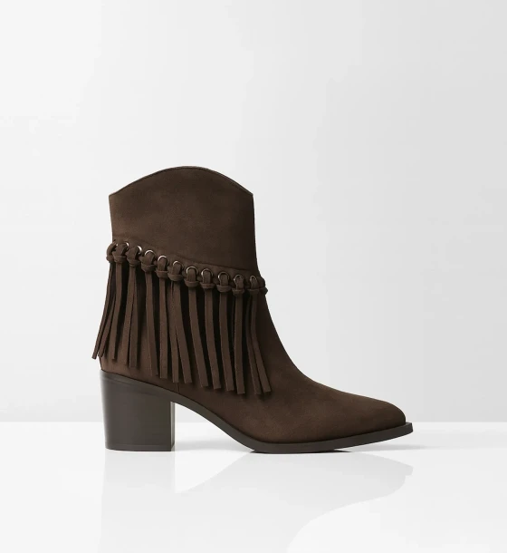Suede Ankle Boots with Layered Straps and Metal Ring Detail