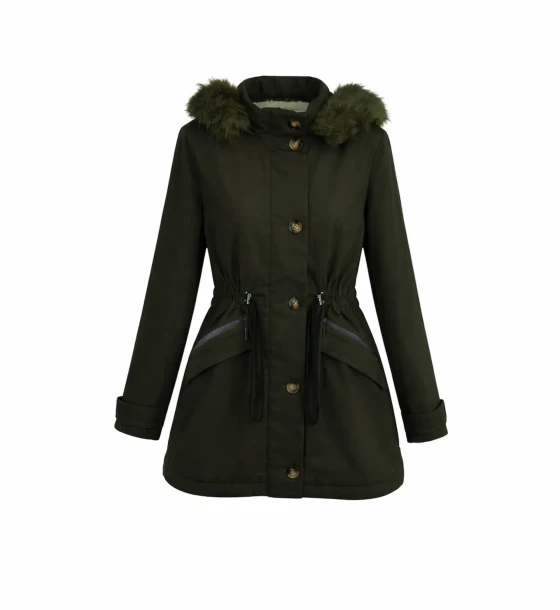 Winter Padded Jacket with Fur Hood and Waist Drawstring